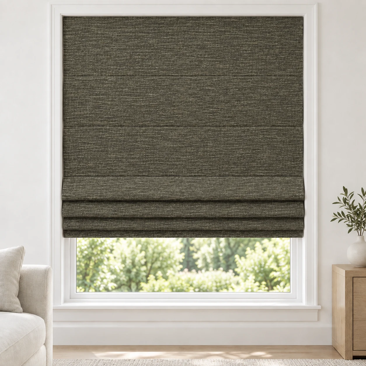 Olive Brown cordless Roman shade with a softly textured open-weave appearance in a styled living room, light filtering, fabric LJMS13