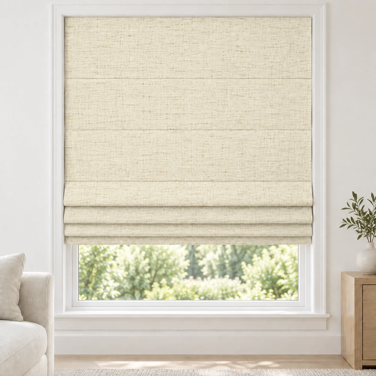 Straw Ivory cordless Roman shade with an airy linen-style texture in a styled living room, light filtering, fabric LJYM06