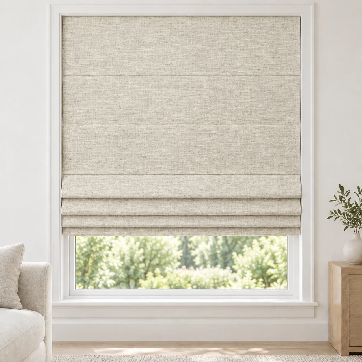 Straw Ivory cordless Roman shade with an airy, open-weave appearance in a styled living room, light filtering, fabric LMY06