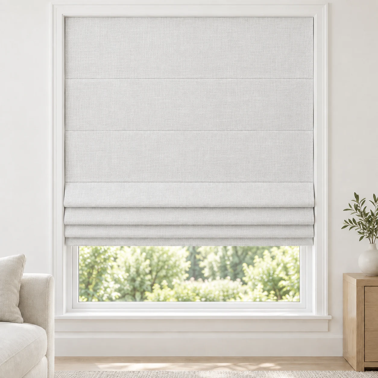 Snow White cordless Roman shade with a delicate woven texture in a styled living room, light filtering, fabric LXY01