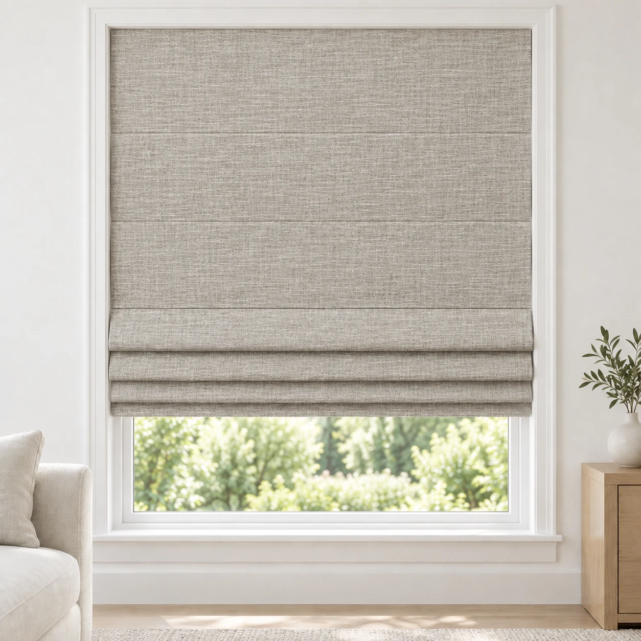 Mushroom Taupe cordless Roman shade with a delicate woven texture in a styled living room, light filtering, fabric LXY08