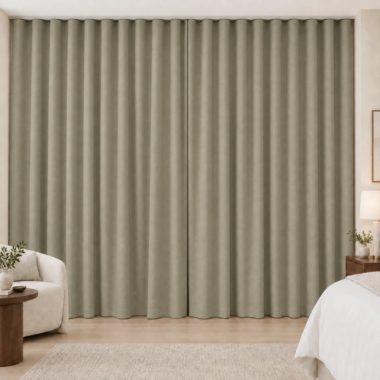 Sage Taupe Silk Touch hotel blackout curtains, fabric 16803-05