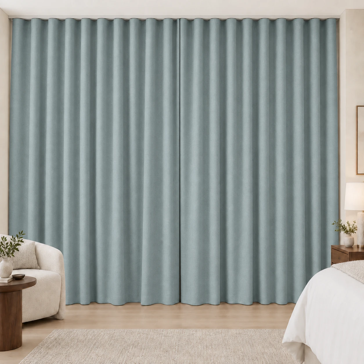 Misty Blue Silk Touch hotel blackout curtains, fabric 16803-14