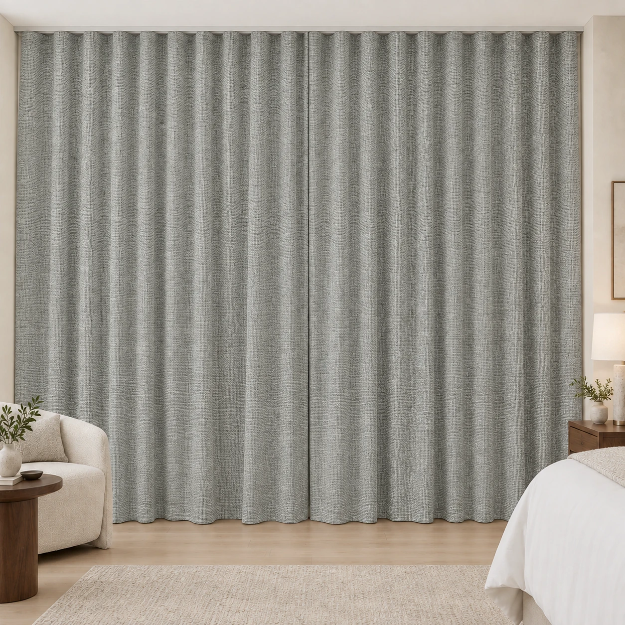 Mist Grey Mousse Weave hotel blackout curtains, fabric 16933-08