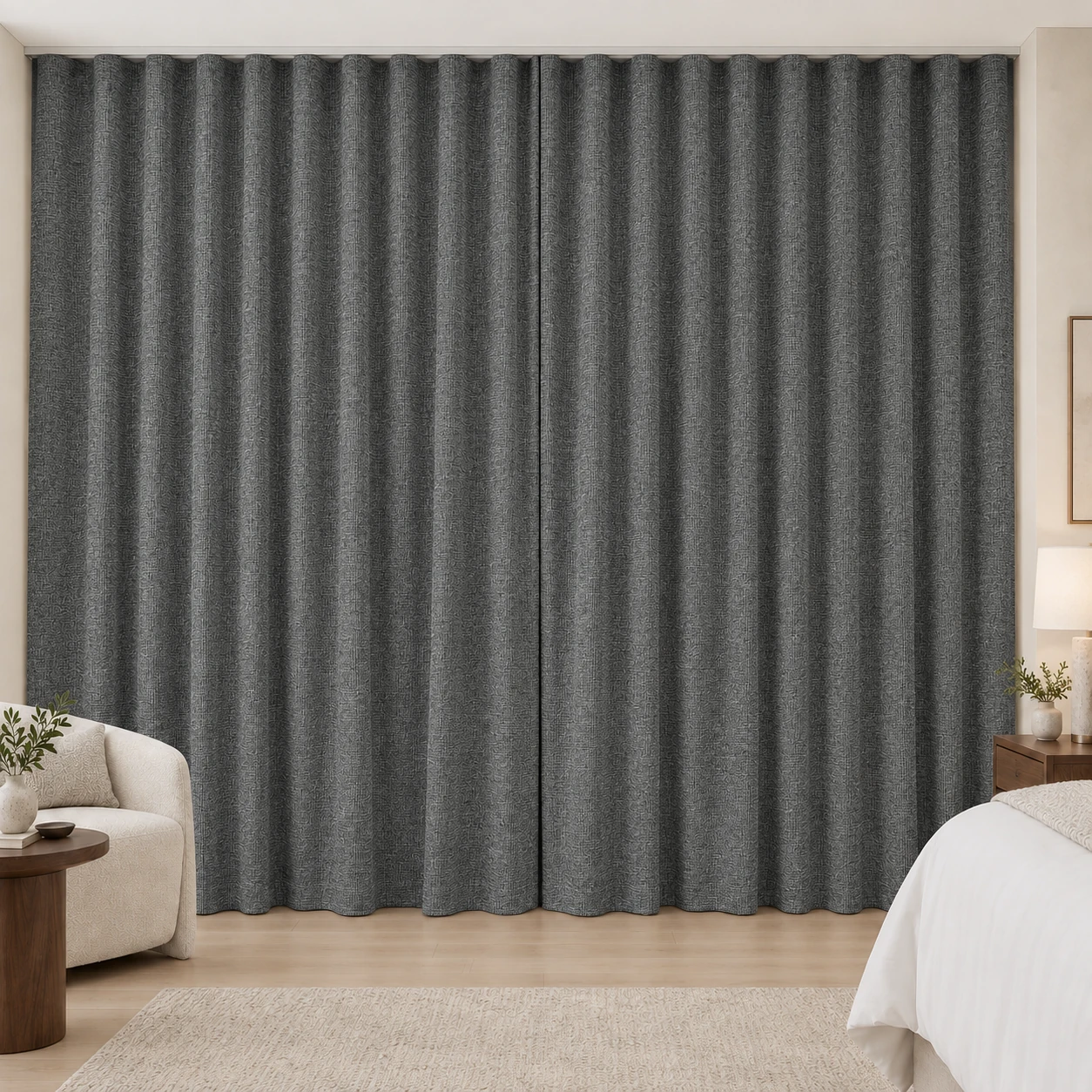 Storm Grey Mousse Weave hotel blackout curtains, fabric 16933-18