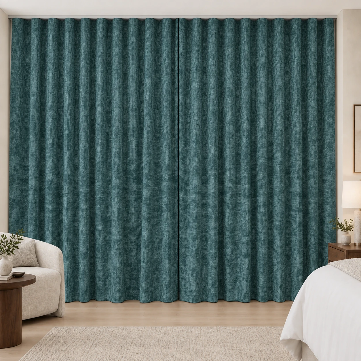 Ocean Teal Coconut Weave hotel blackout curtains, fabric 16950-01