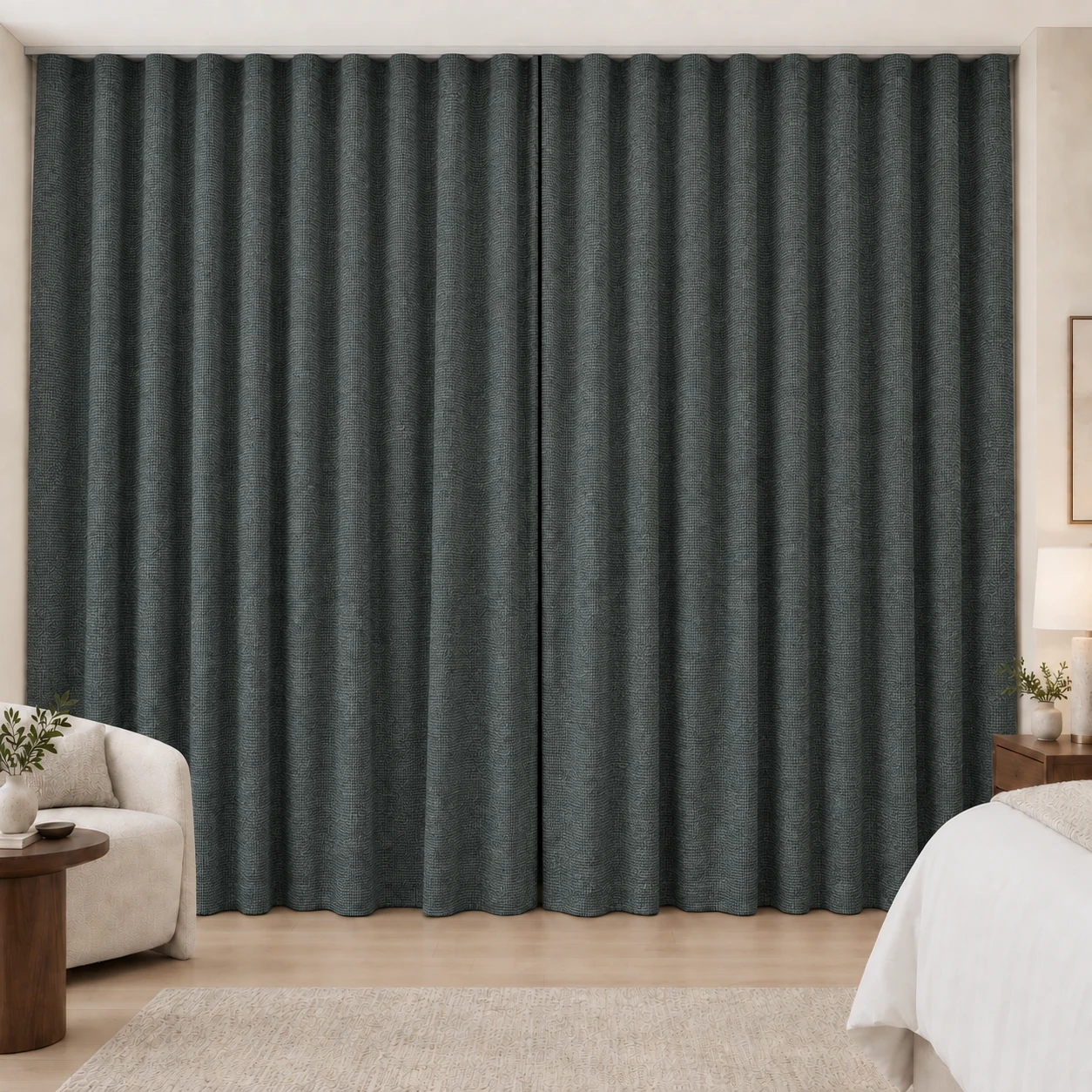 Deep Slate Coconut Weave hotel blackout curtains, fabric 16950-06