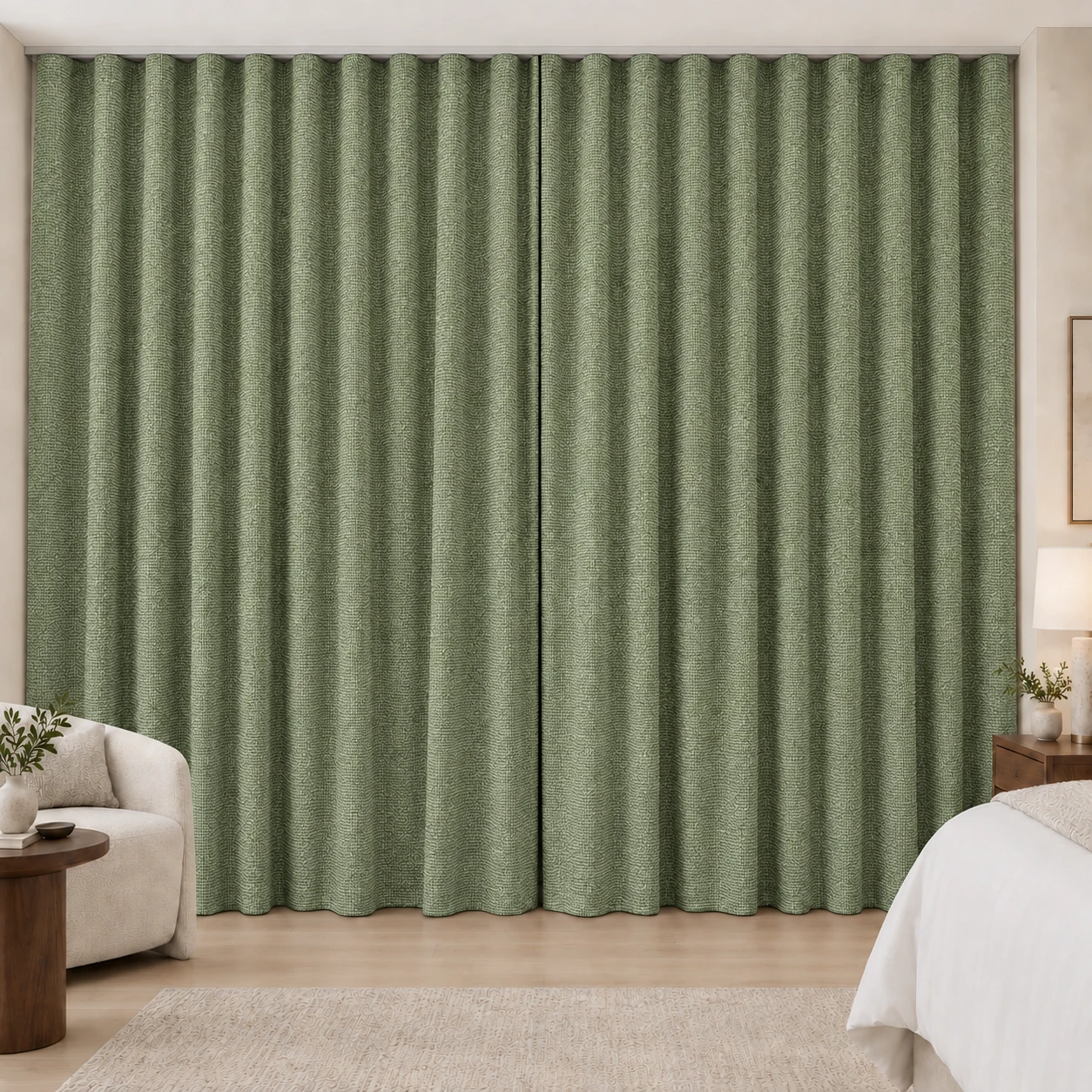Soft Sage Coconut Weave hotel blackout curtains, fabric 16950-10