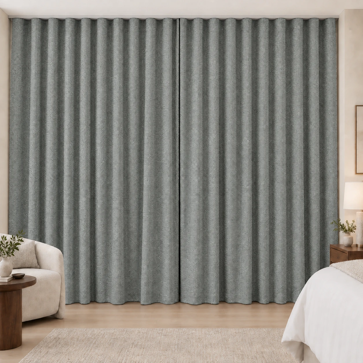 Dove Grey Coconut Weave hotel blackout curtains, fabric 16950-16