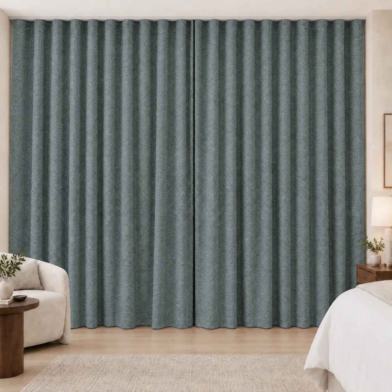 Blue Grey Coconut Weave hotel blackout curtains, fabric 16950-18