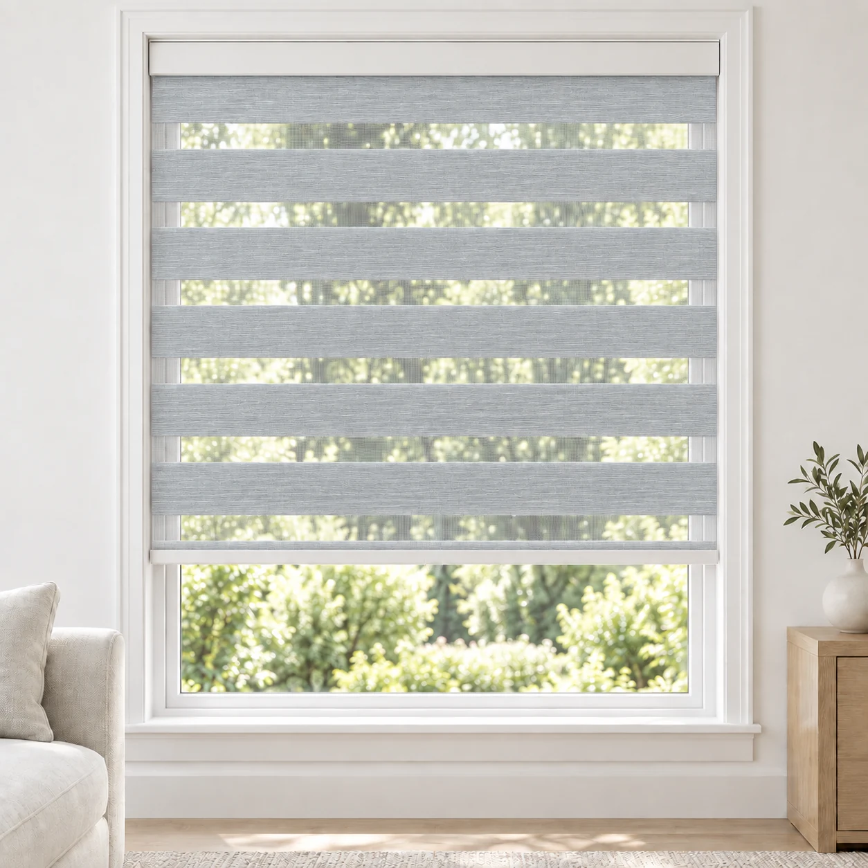 Silver Mist cordless zebra blind in a living room, fabric FWB03