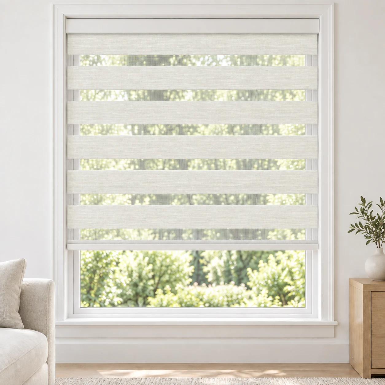 Soft Ivory cordless zebra blind in a living room, fabric FWB06