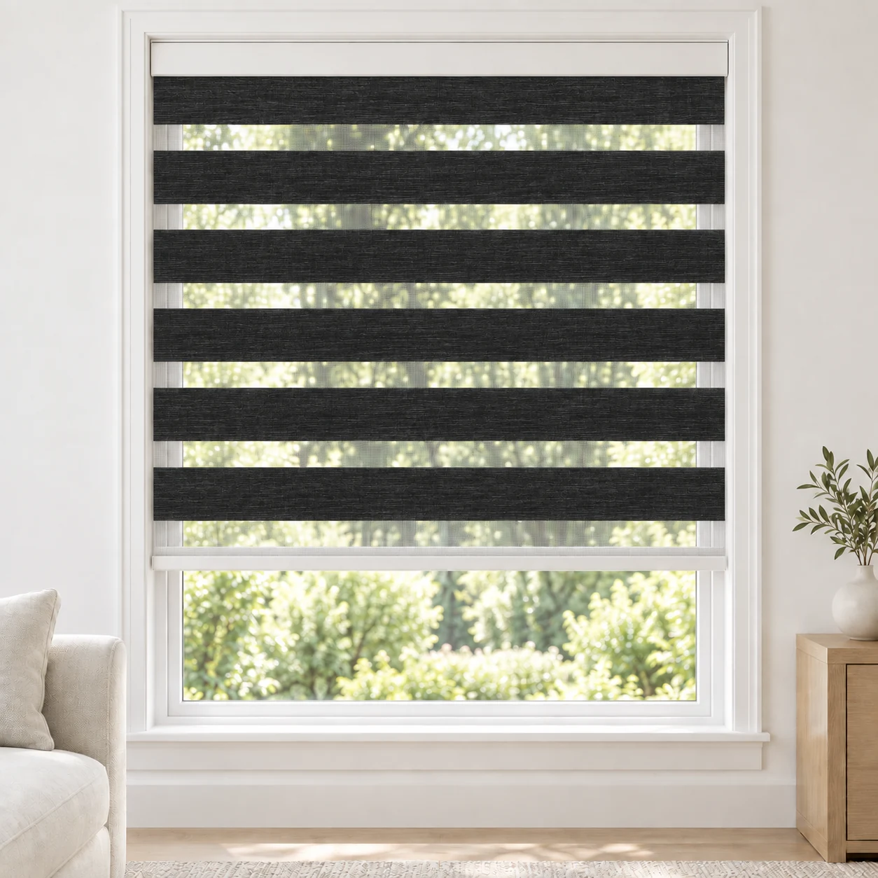 Midnight Charcoal cordless zebra blind in a living room, fabric FWB10