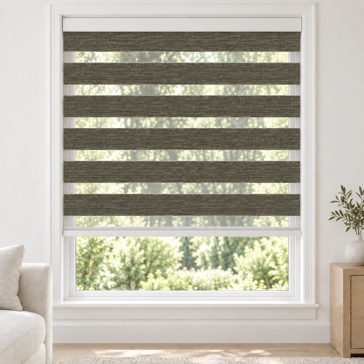 Woodland Brown cordless zebra blind in a living room, fabric FWB15
