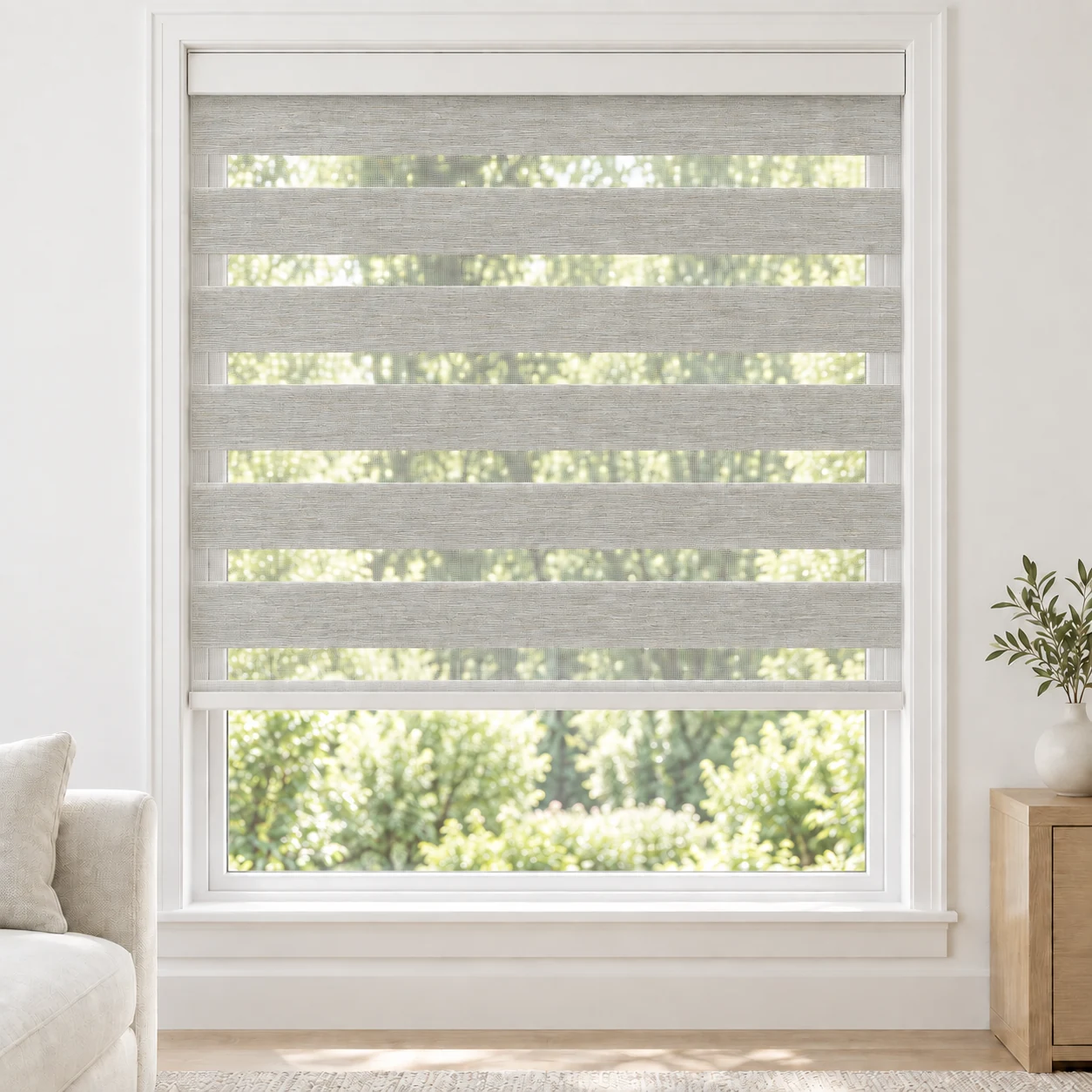 Stone Gray cordless zebra blind in a living room, fabric MFB03