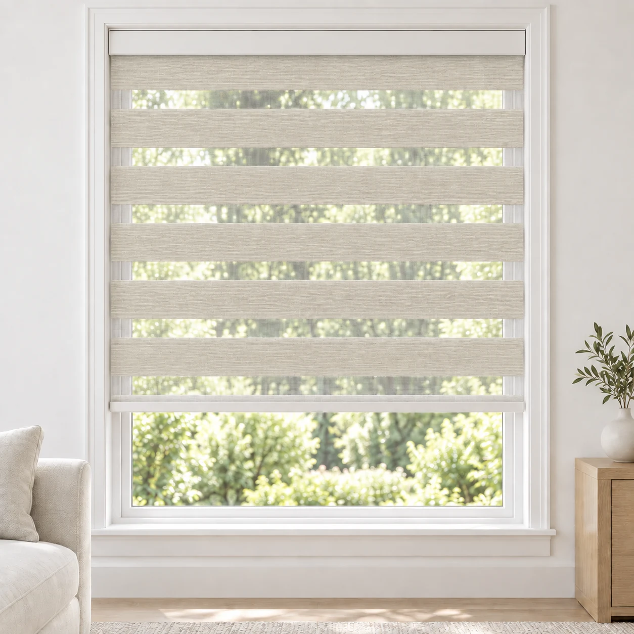 Almond Ivory cordless zebra blind in a living room, fabric MFB06