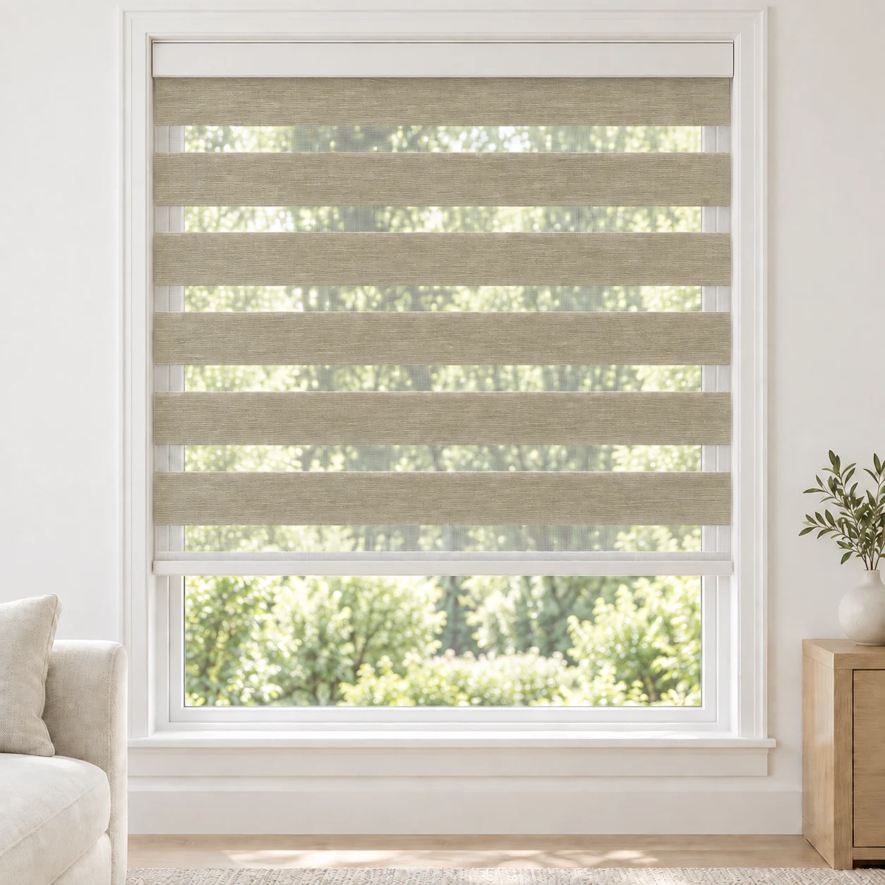 Dune Taupe cordless zebra blind in a living room, fabric MFB17