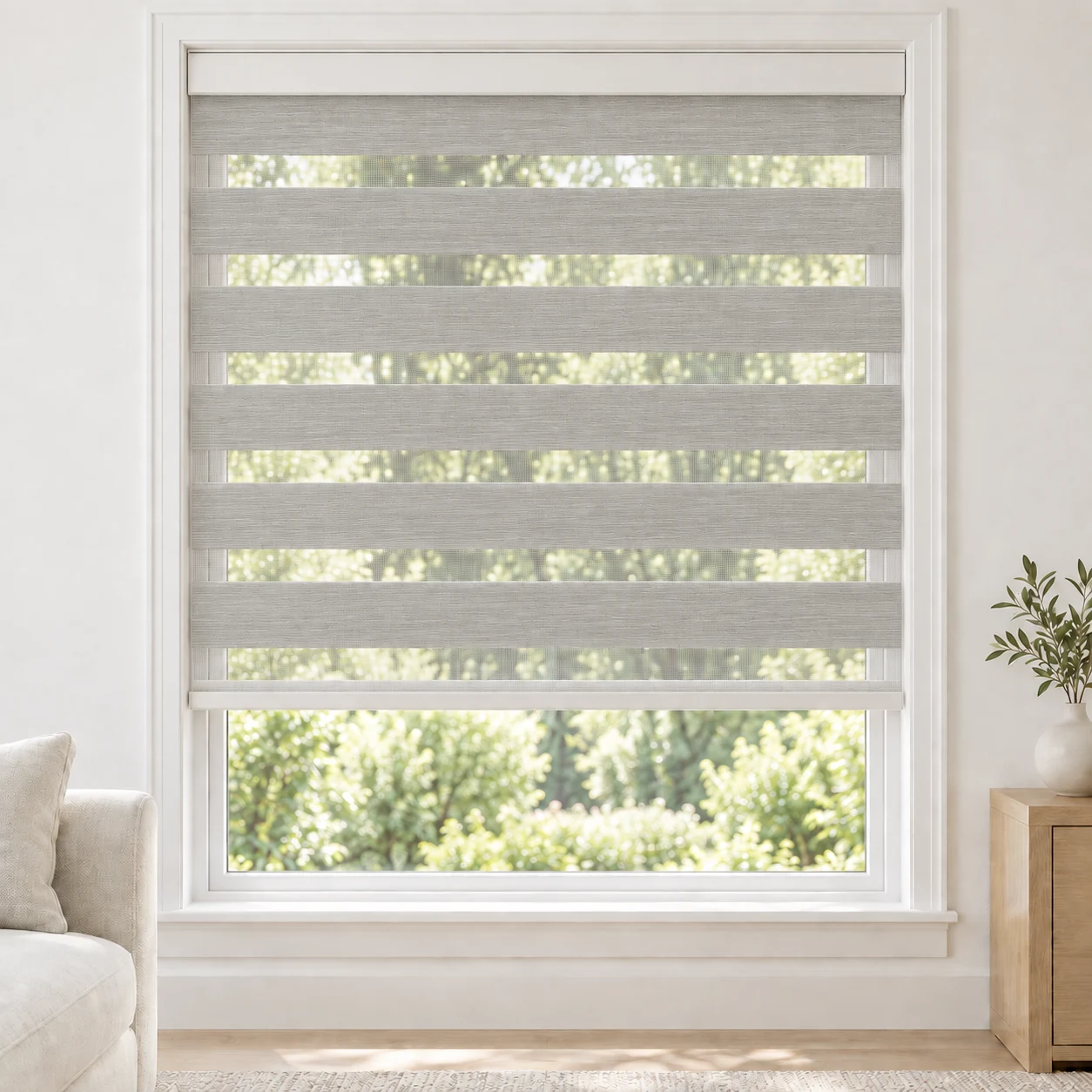 Pebble Gray cordless zebra blind in a living room, fabric MSB03