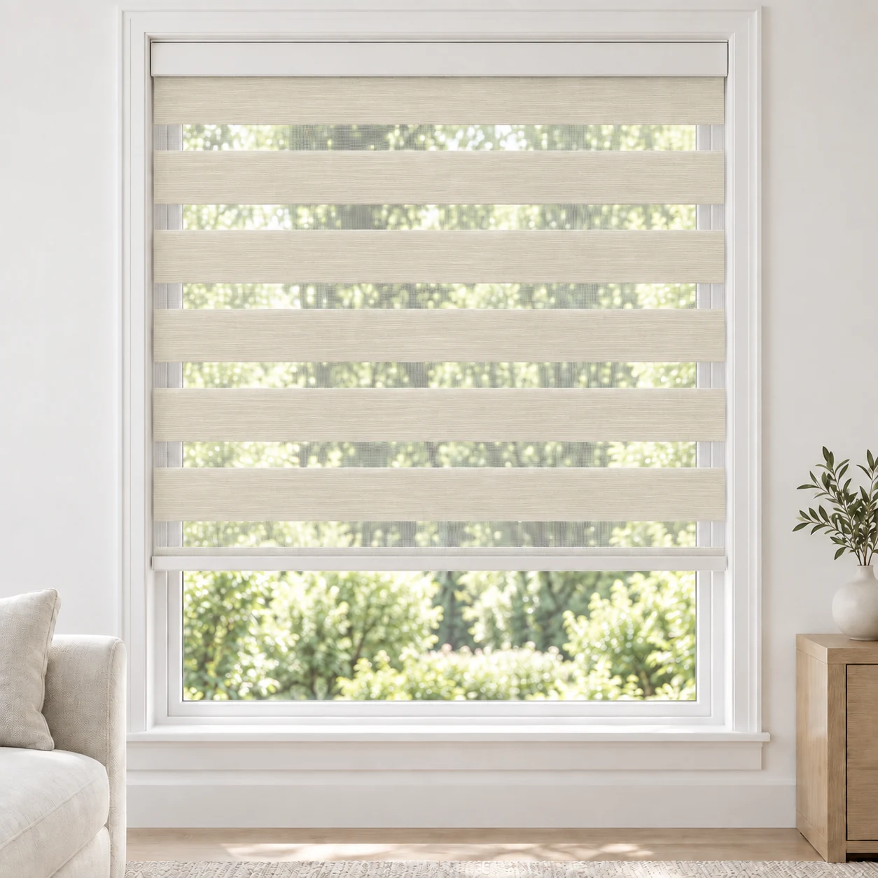 Pearl Ivory cordless zebra blind in a living room, fabric MSB06