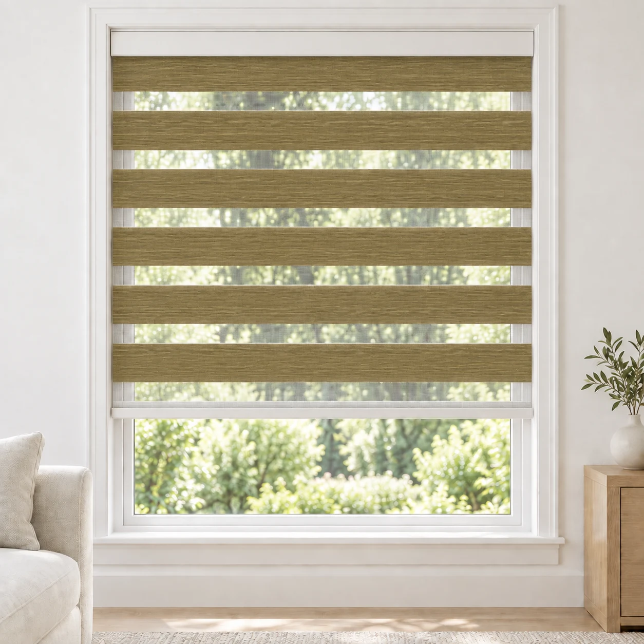 Golden Olive cordless zebra blind in a living room, fabric MSB13
