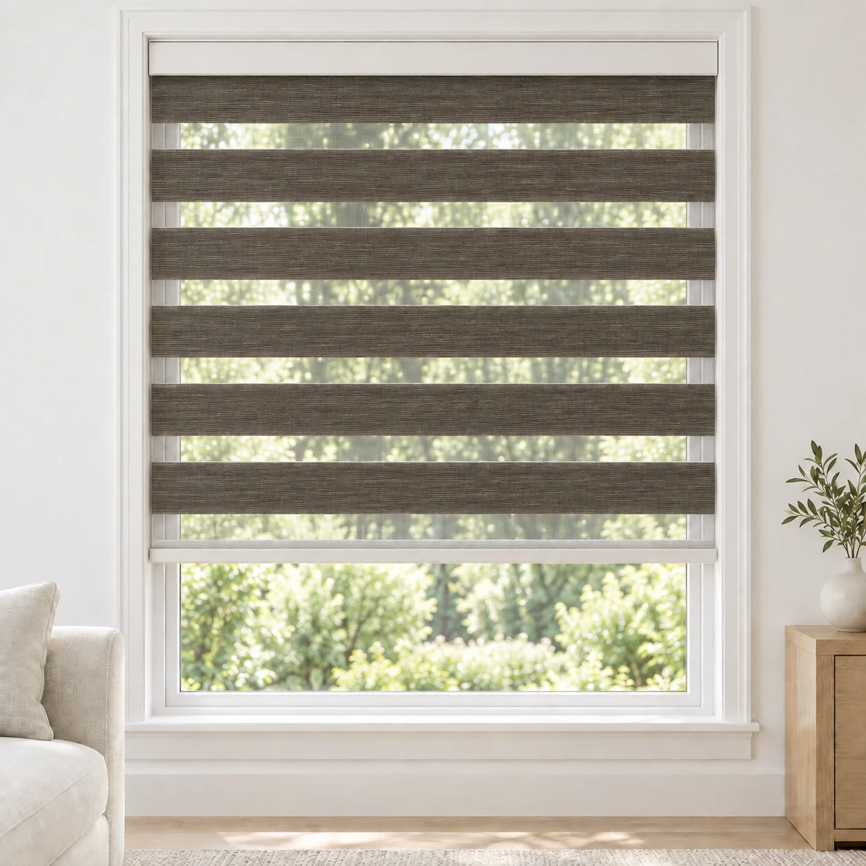 Walnut Taupe cordless zebra blind in a living room, fabric MSB15