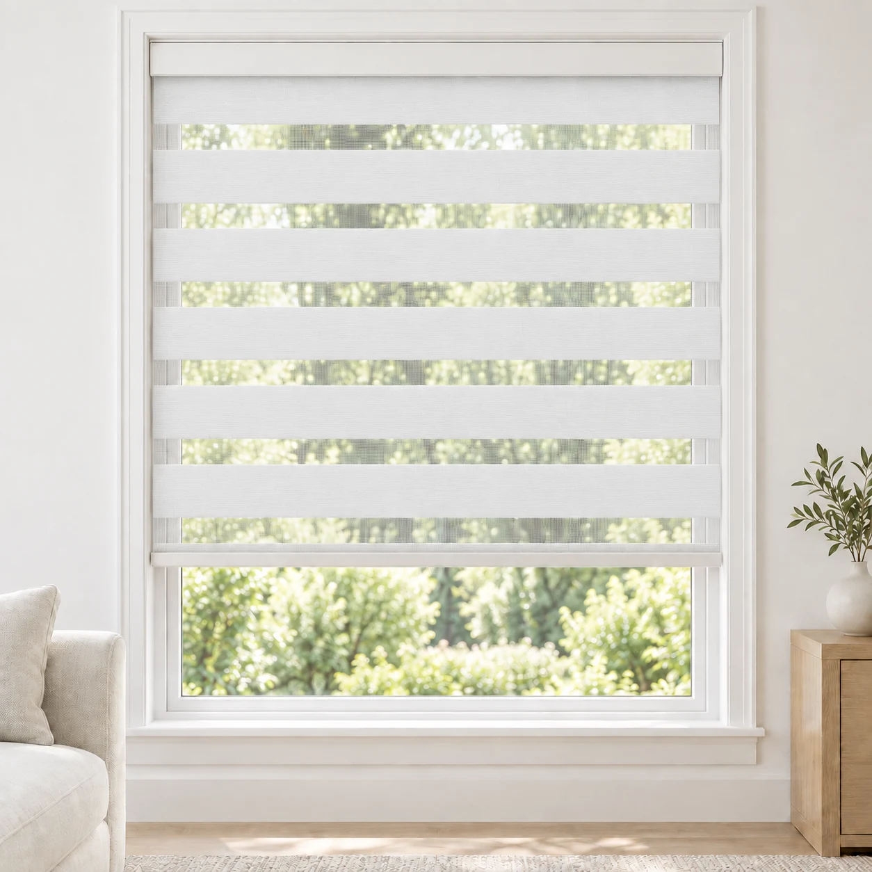 Pure White cordless zebra blind in a living room, fabric SSB01