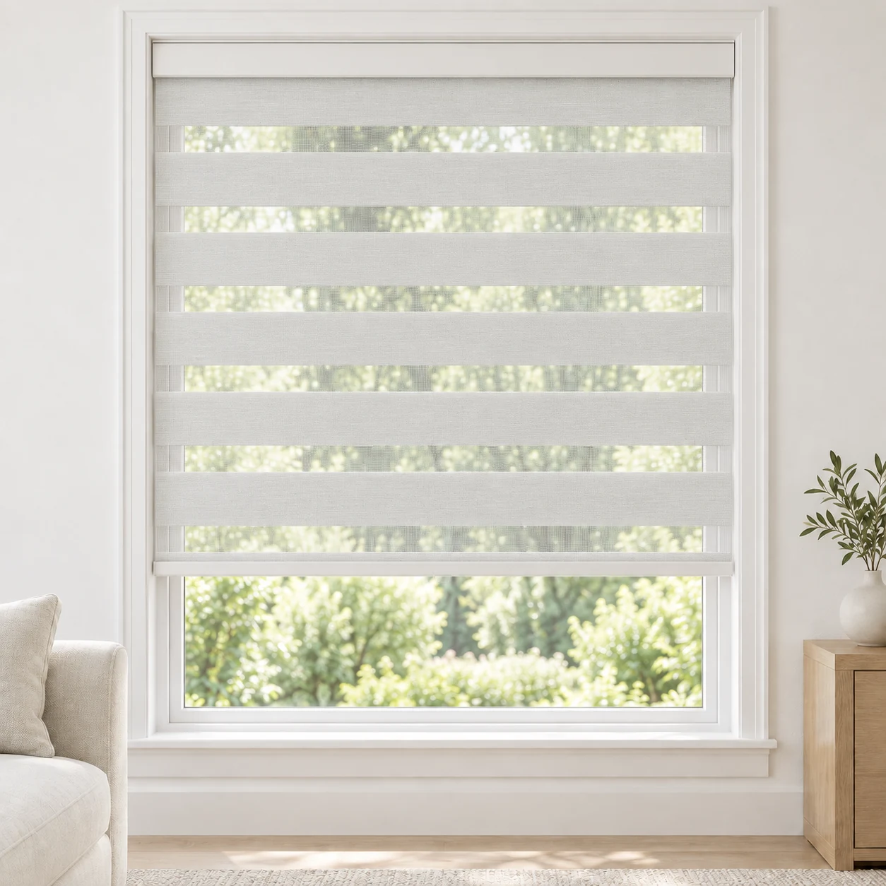 Cloud White cordless zebra blind in a living room, fabric SSL01
