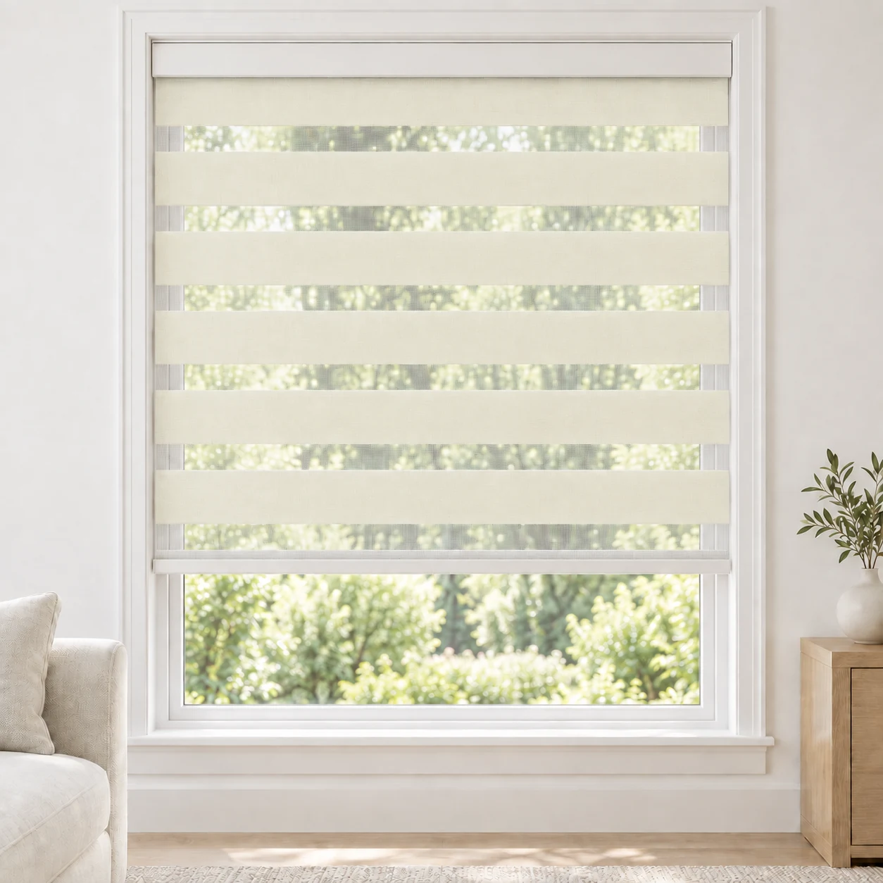 Vanilla Cream cordless zebra blind in a living room, fabric SSL06