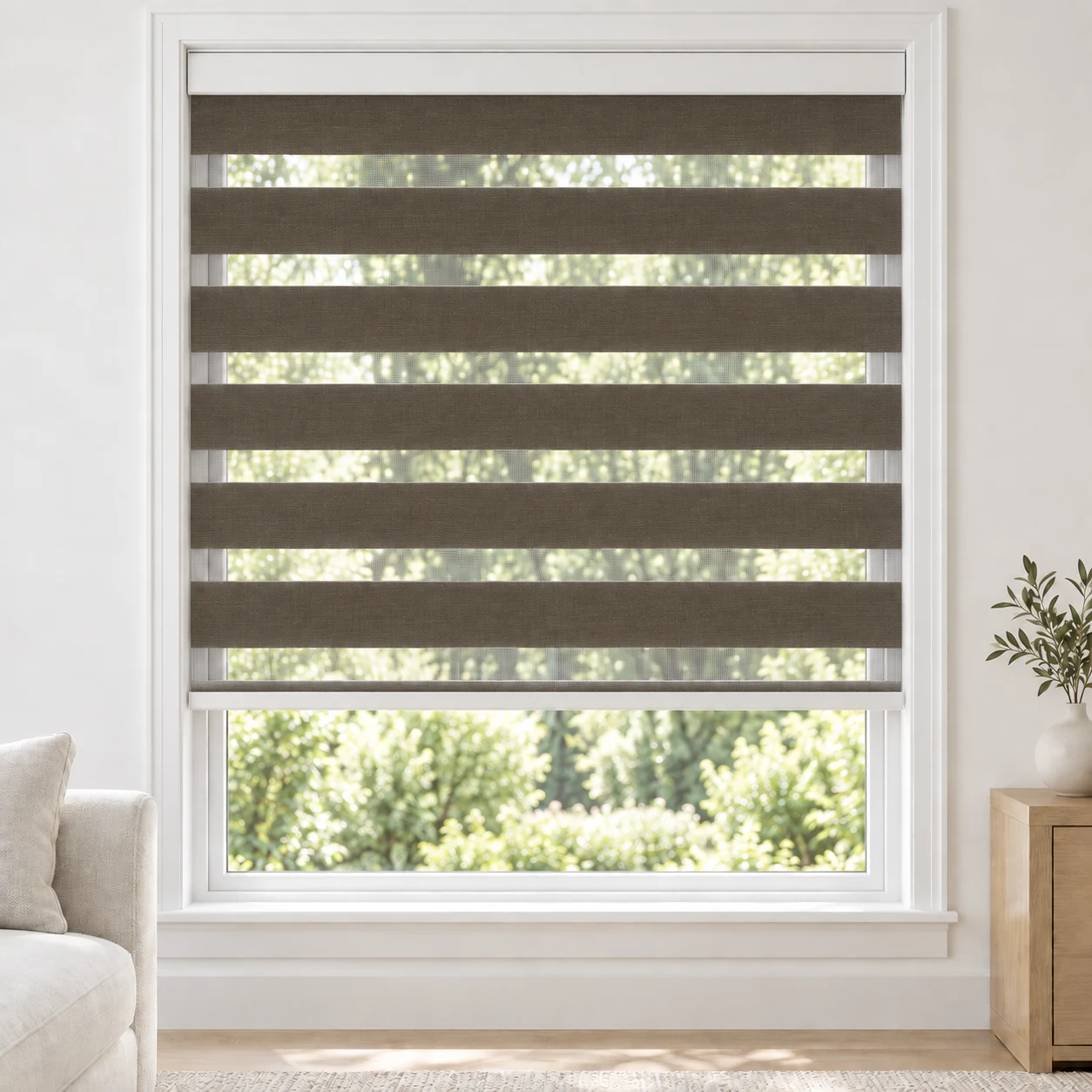 Mocha Taupe cordless zebra blind in a living room, fabric SSL08