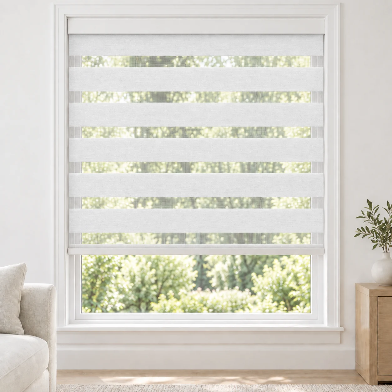 Snow White cordless zebra blind in a living room, fabric XKL01