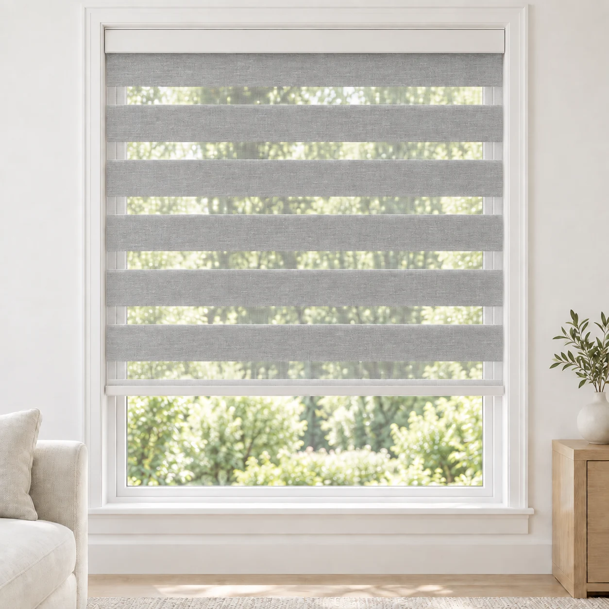 Silver Gray cordless zebra blind in a living room, fabric XKL09