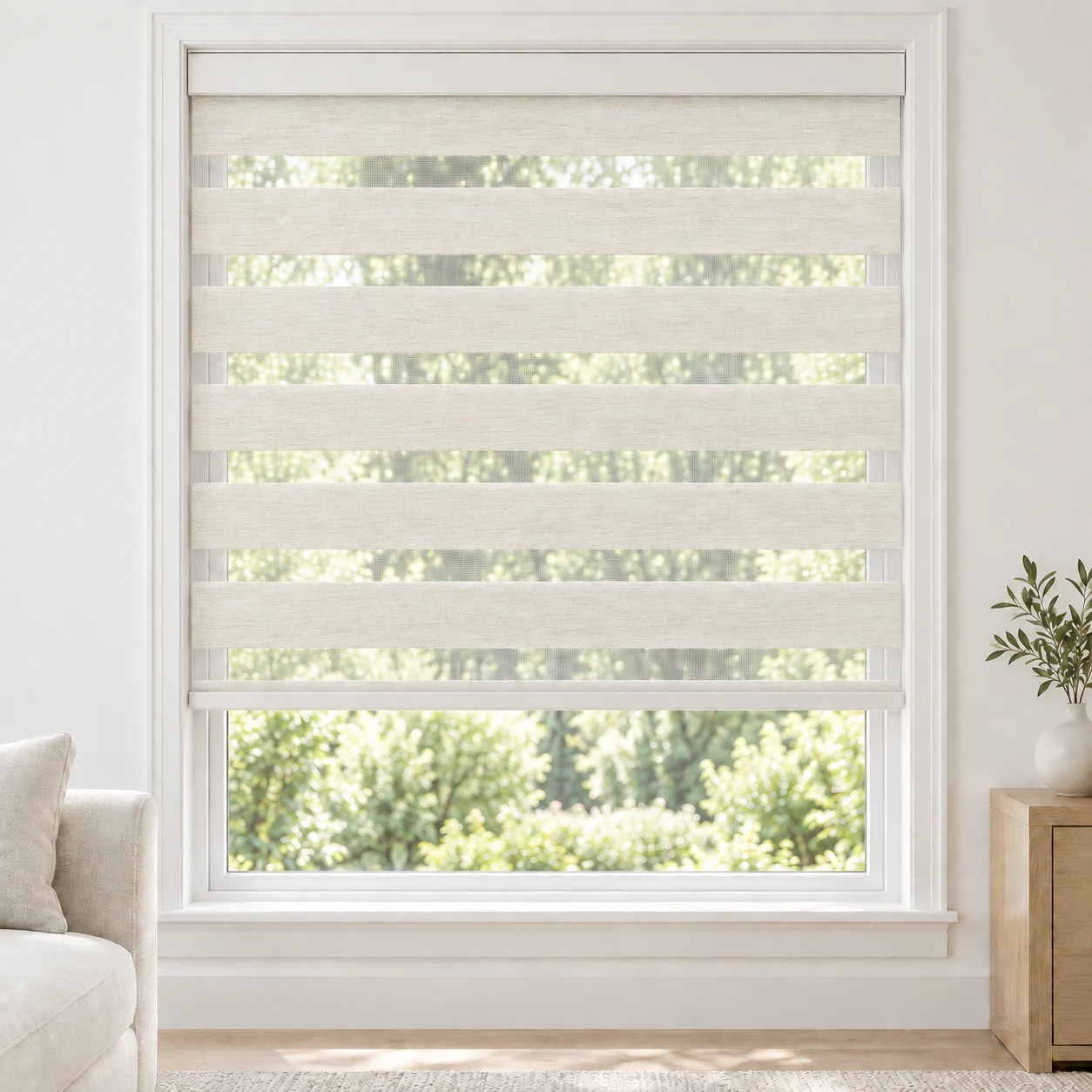 Warm Ivory cordless zebra blind in a living room, fabric XKL16