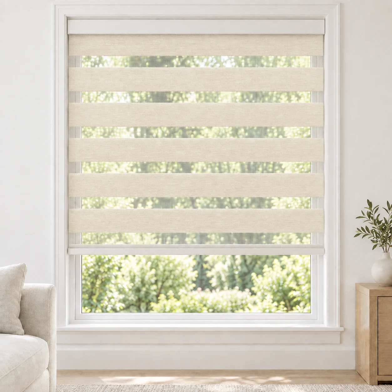 Champagne Beige cordless zebra blind in a living room, fabric XKL17
