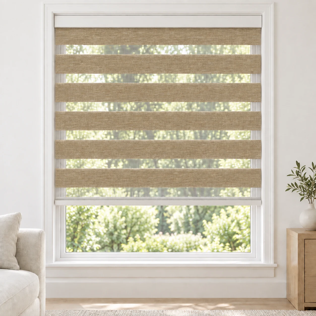 Golden Flax cordless zebra blind in a living room, fabric YSL08