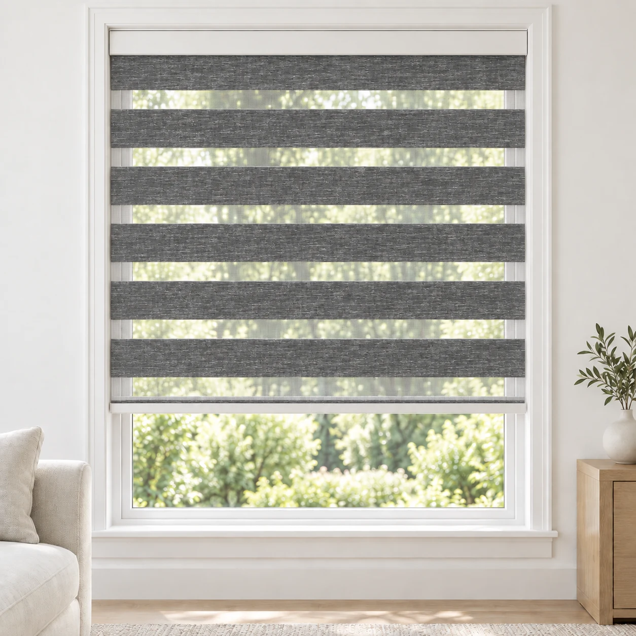 Ash Gray cordless zebra blind in a living room, fabric YSL09