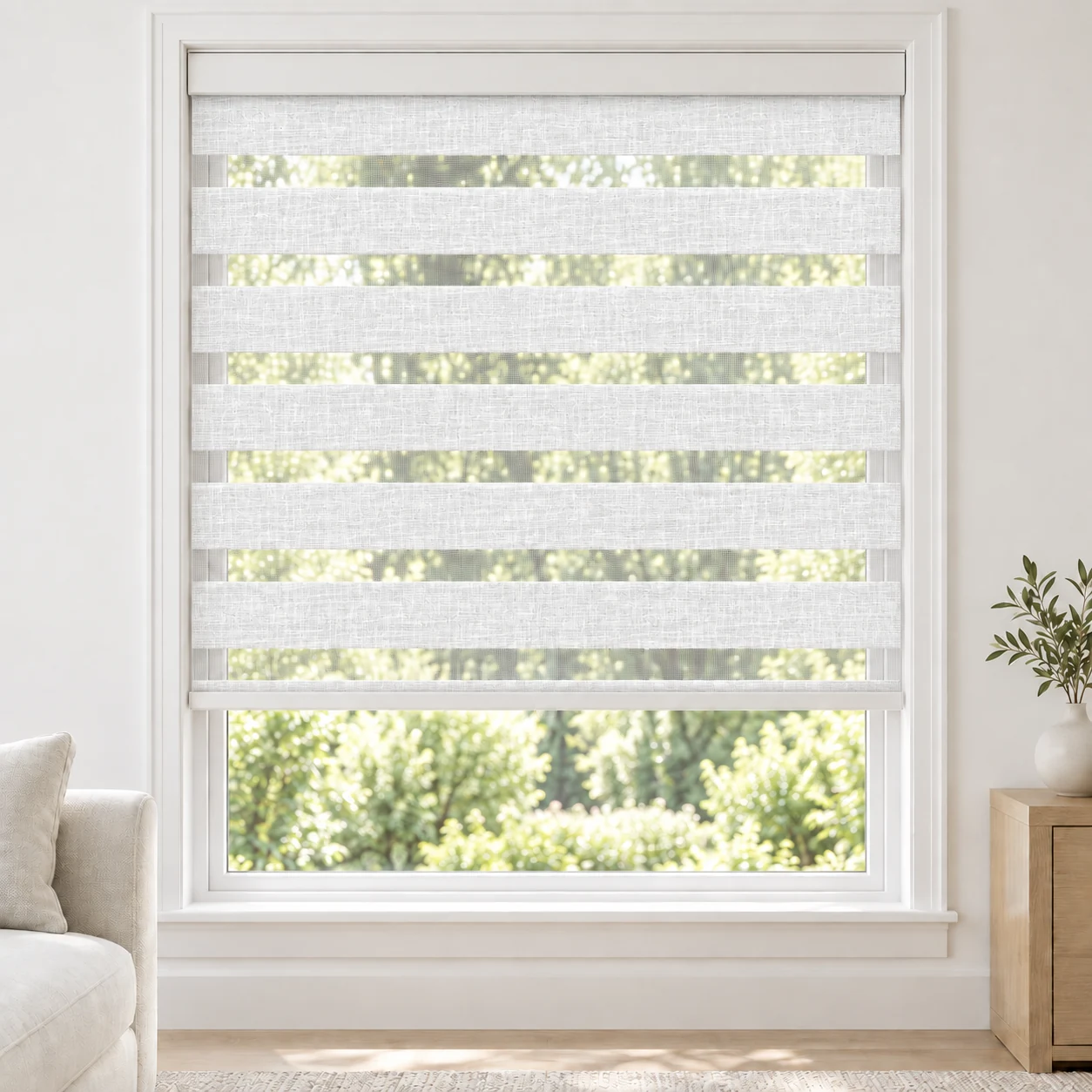 Cotton White cordless zebra blind in a living room, fabric YSL11