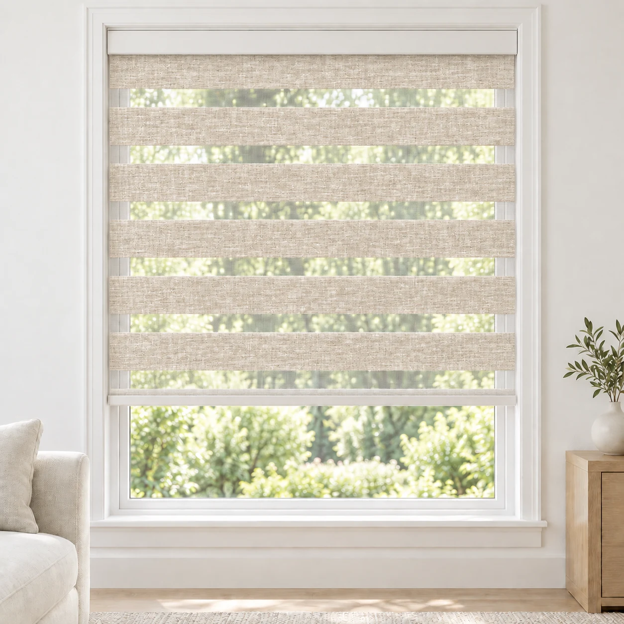 Sand Beige cordless zebra blind in a living room, fabric YSL18