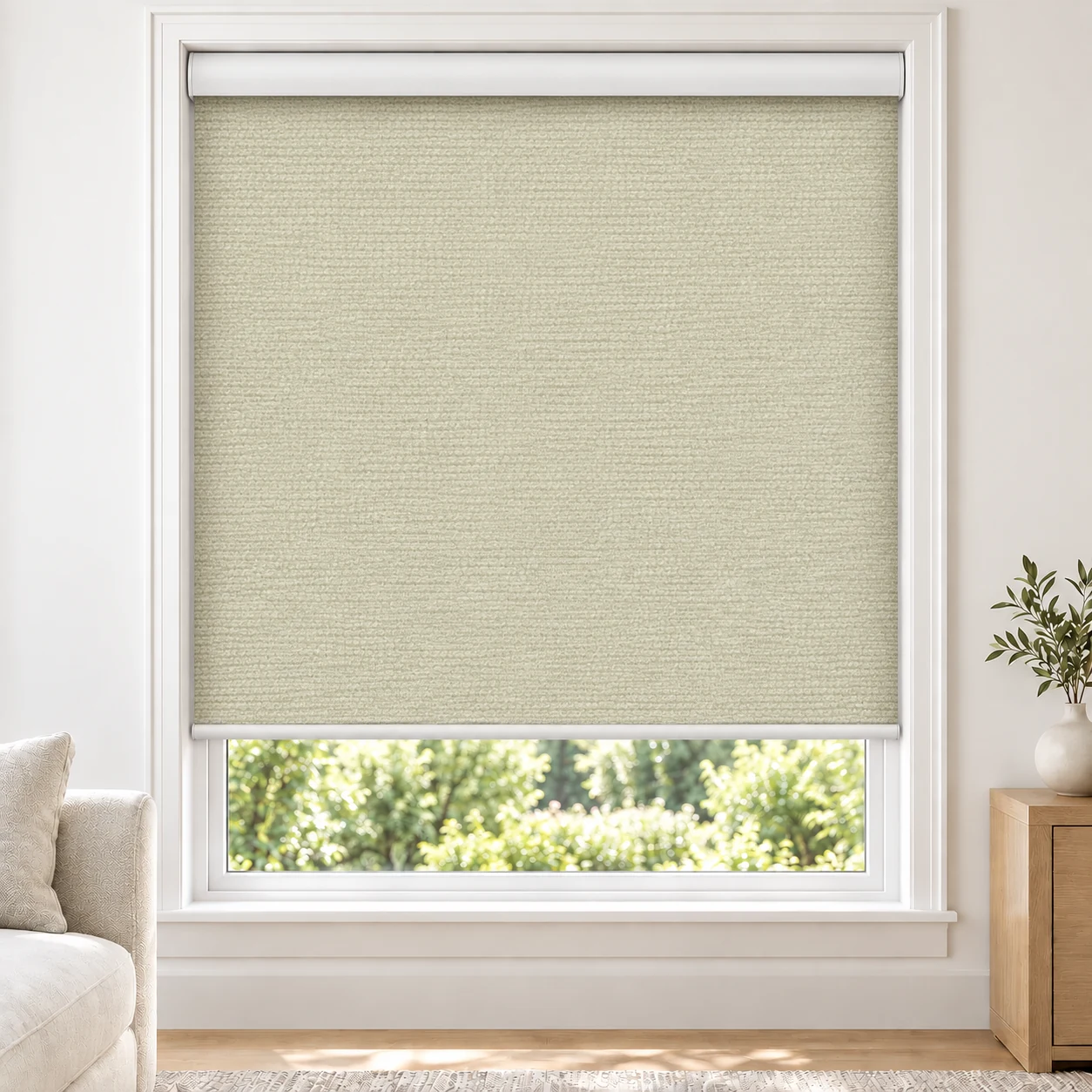 Cream ADORO standard roller blind in a bright living room, blackout, fabric ADORO-CREAMY-BO