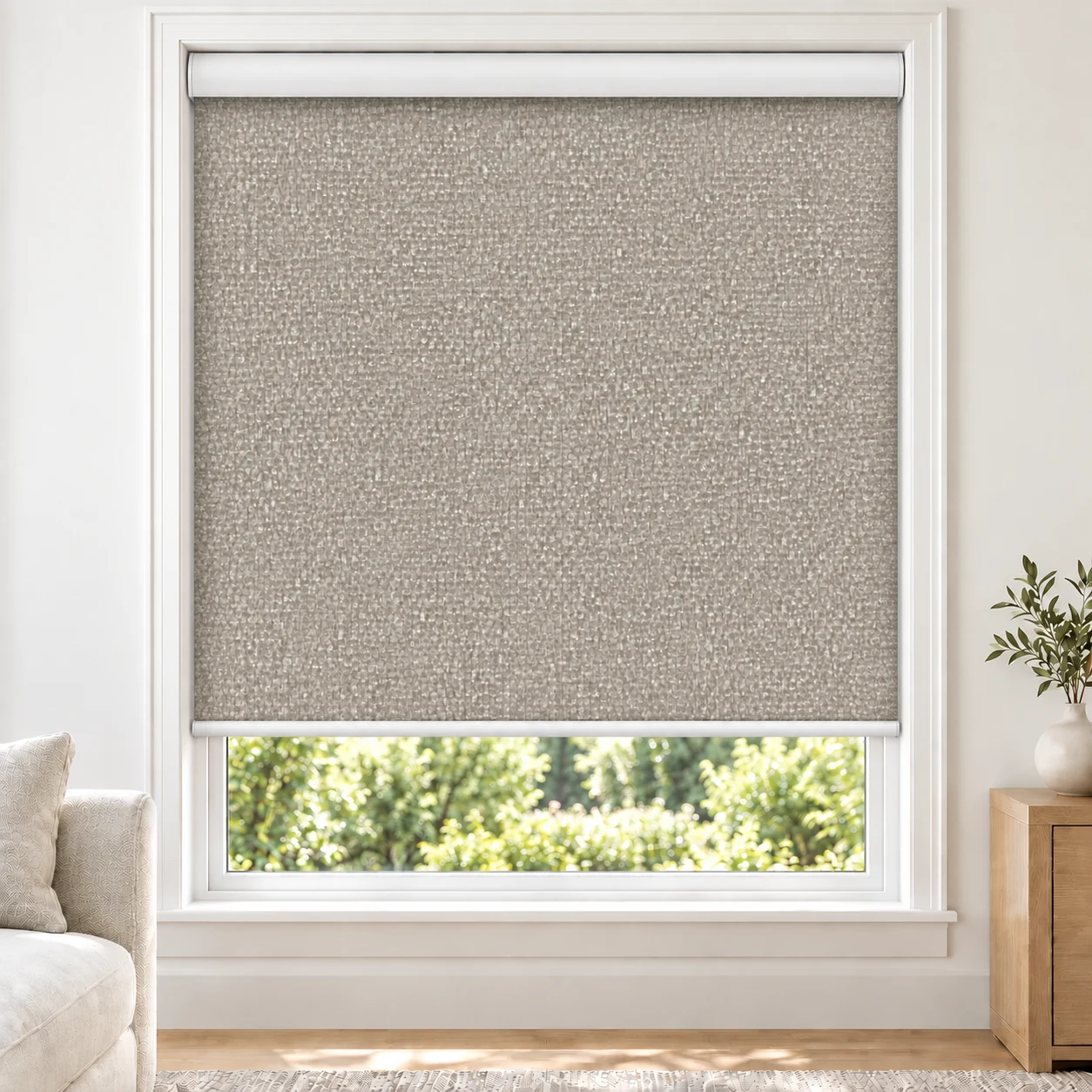 Sand Beige AMUZEN standard roller blind in a bright living room, light filtering, fabric Amuzen-Sand-LF