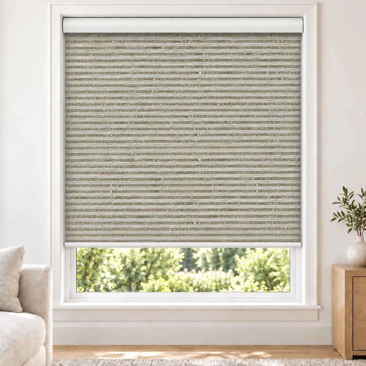 Sand Beige ANGEL standard roller blind in a bright living room, blackout, fabric ANGEL-BEIGE-BO