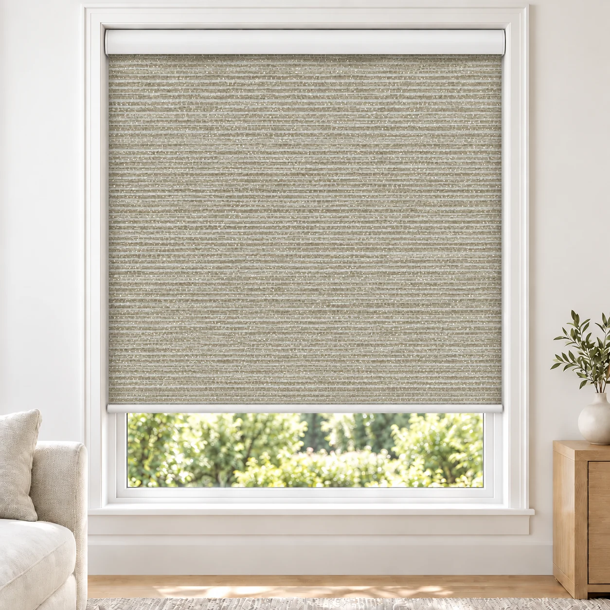 Taupe ANGEL standard roller blind in a bright living room, blackout, fabric ANGEL-TAUPE-BO