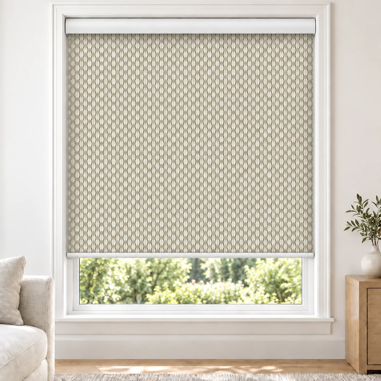 Sand Beige SCREEN-3PCT standard roller blind in a bright living room, light filtering, fabric Beige3PCT-SC-A2-302-LF
