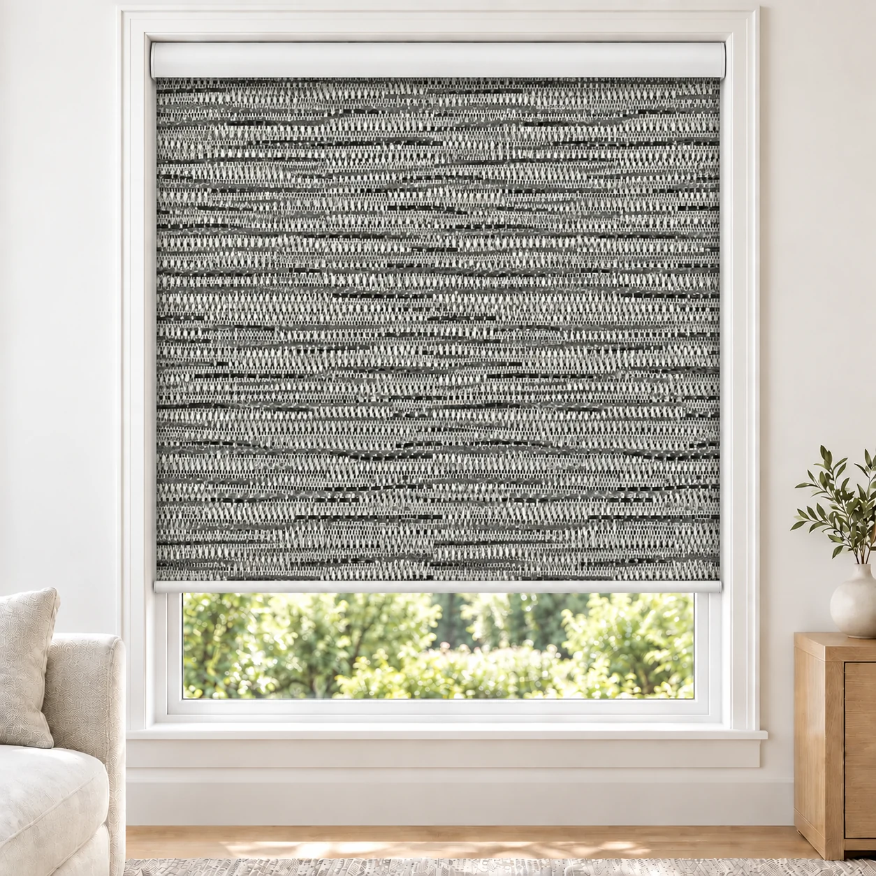 Church Grey BILLY standard roller blind in a bright living room, blackout, fabric BILLY-GRAYCHURCH-BO