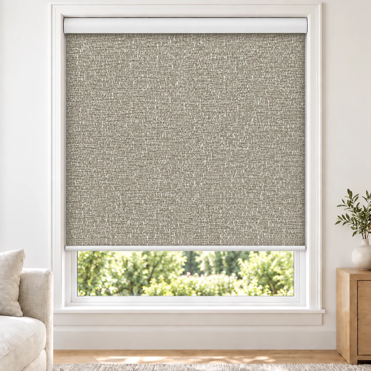 Sand Beige CABO standard roller blind in a bright living room, blackout, fabric CABO-BEIGE-BO