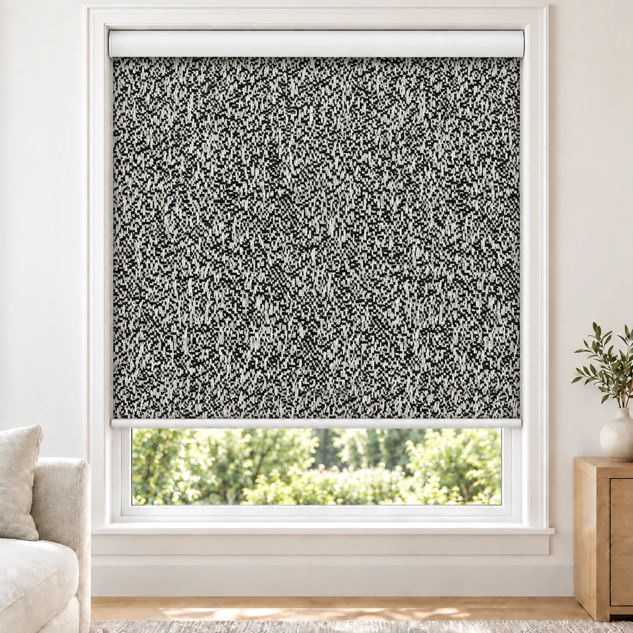 Monochrome CABO standard roller blind in a bright living room, blackout, fabric CABO-MONOCHROME-BO