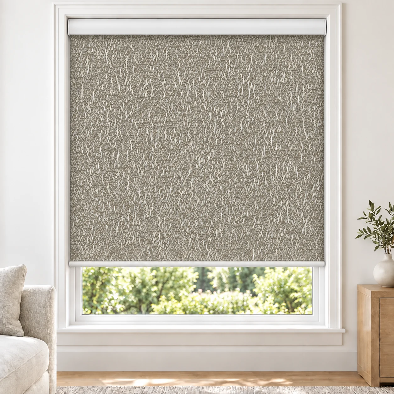 Taupe CABO standard roller blind in a bright living room, blackout, fabric CABO-TAUPE-BO