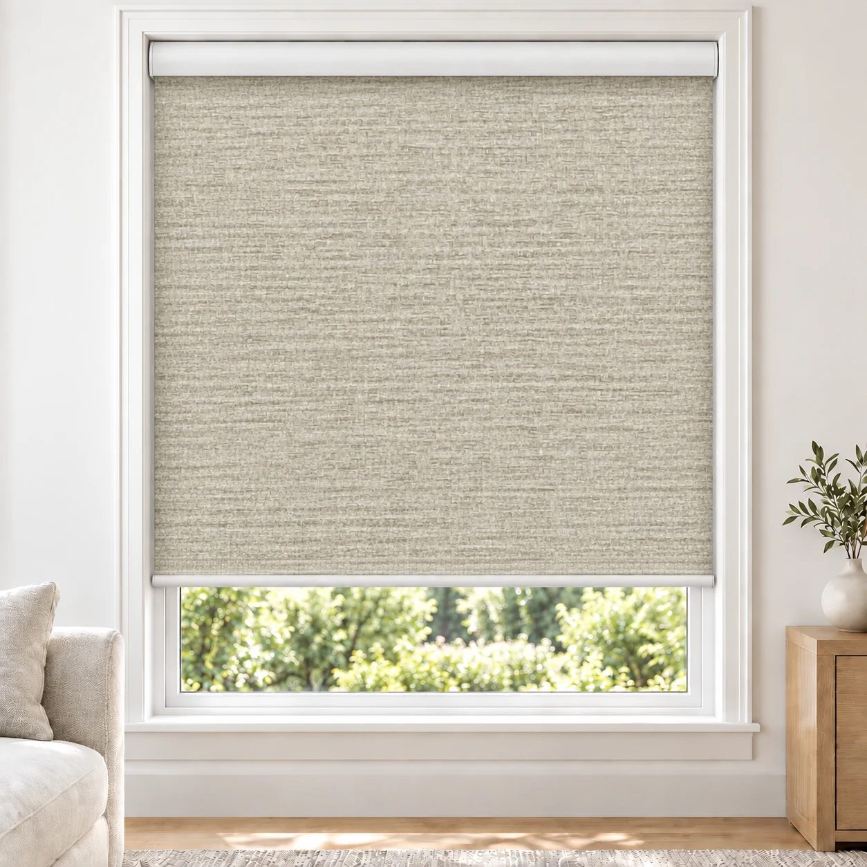 Cream DALLAS standard roller blind in a bright living room, blackout, fabric DALLAS-CREAMY-BO
