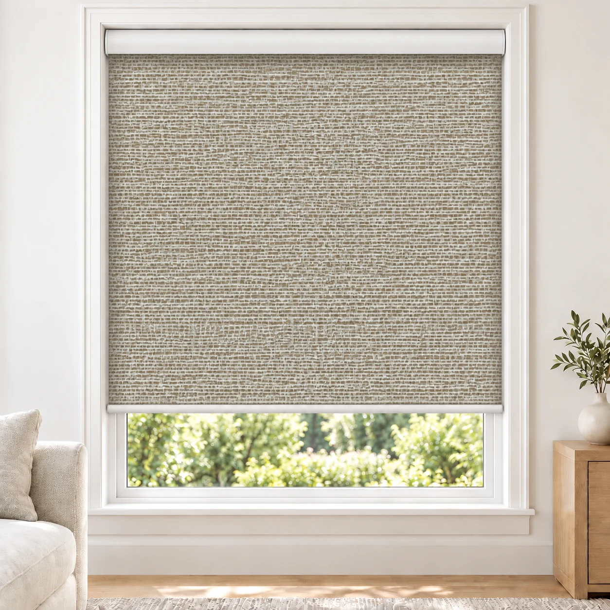 Fawn Beige DALLAS standard roller blind in a bright living room, blackout, fabric DALLAS-FAWN-BO