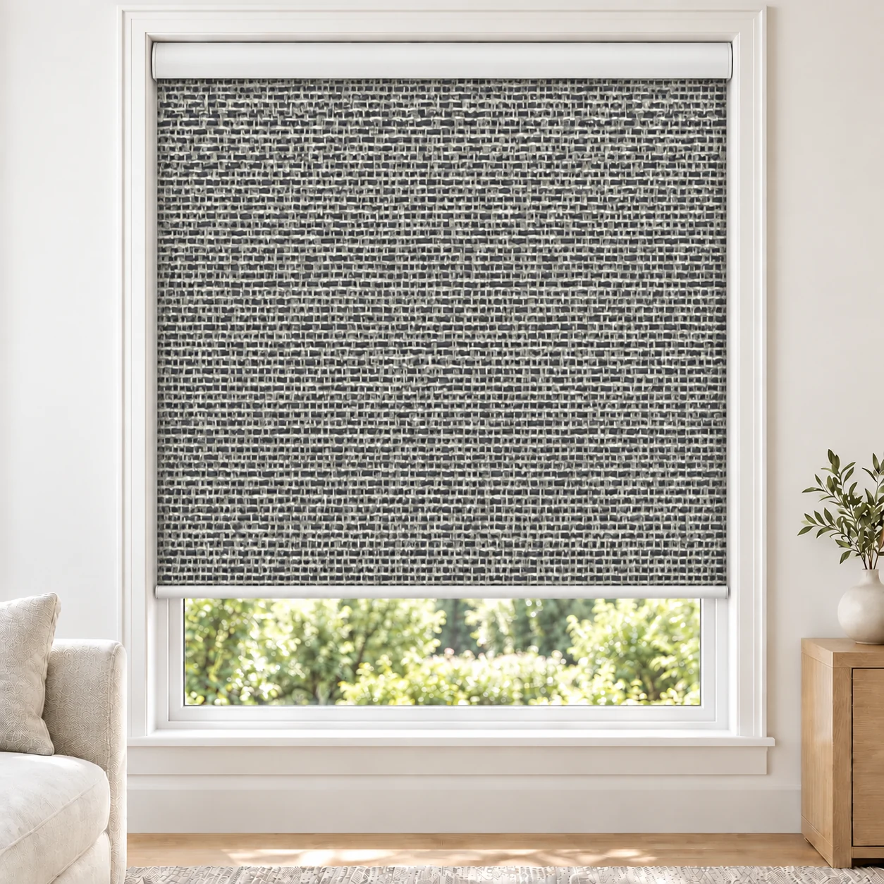 Stone Grey DALLAS standard roller blind in a bright living room, light filtering, fabric DALLAS-GREY-LF