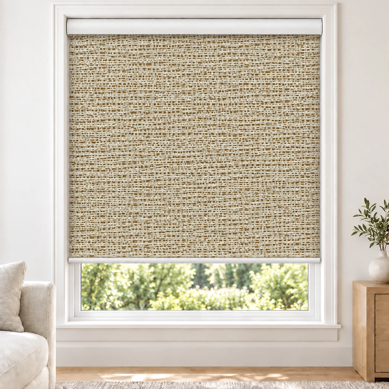 Tan DALLAS standard roller blind in a bright living room, light filtering, fabric DALLAS-TAN-LF